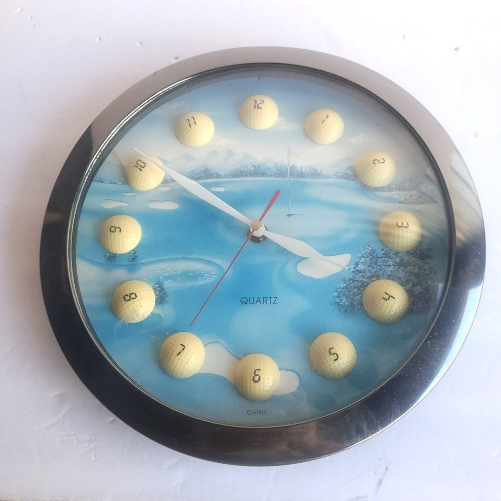Vintage  1992  Golf Ball 11" Wall Clock Golf Course Scene  Quartz Works Mancave